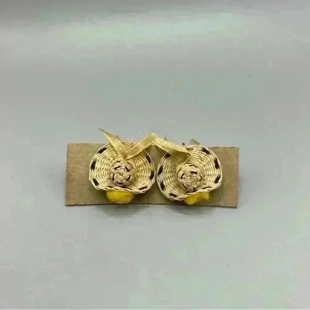 Vintage Straw Hat Stud Screwback Earrings With Ribbon - Picture 2 of 5